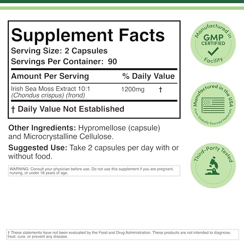 Double Wood Irish Sea Moss capsules with serving size emphasis for 1,200 mg.