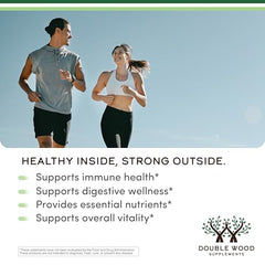 Packaging shows USA-made quality and third-party testing for Double Wood Irish Sea Moss.
