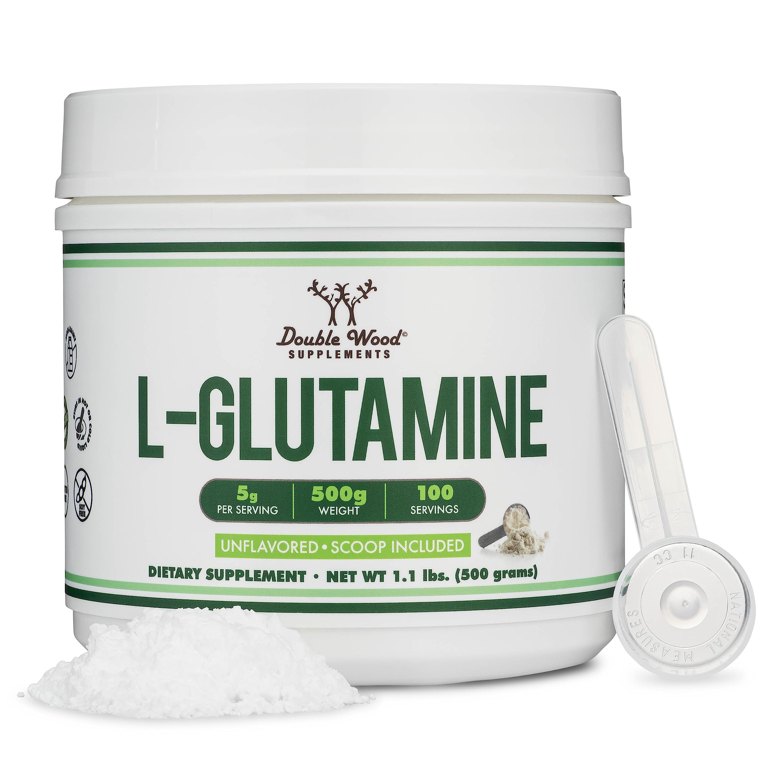 Double Wood L-Glutamine powder container supports precise dosing for workouts.