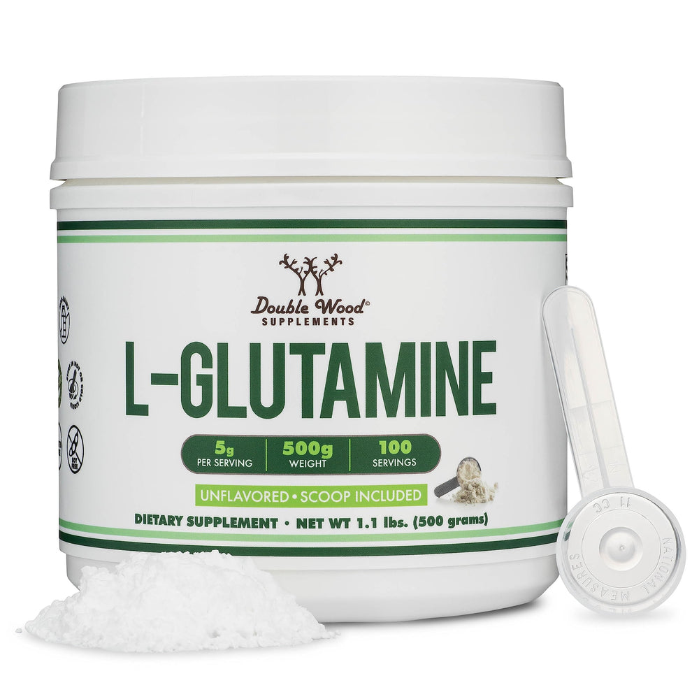 Double Wood L-Glutamine powder container supports precise dosing for workouts.