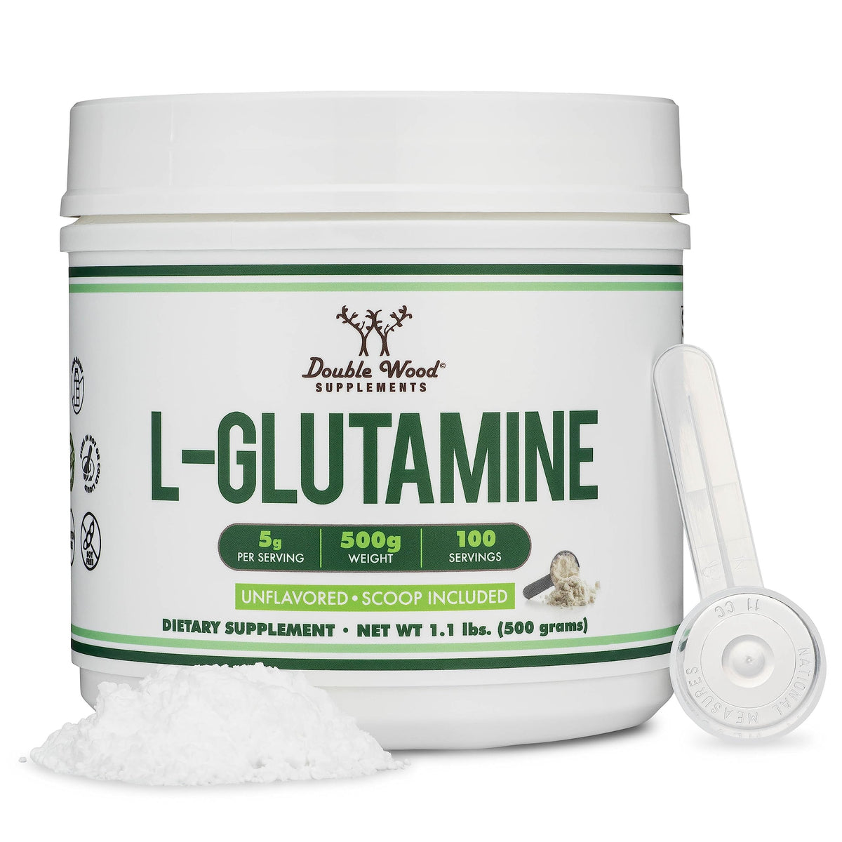 Double Wood L-Glutamine powder container supports precise dosing for workouts.
