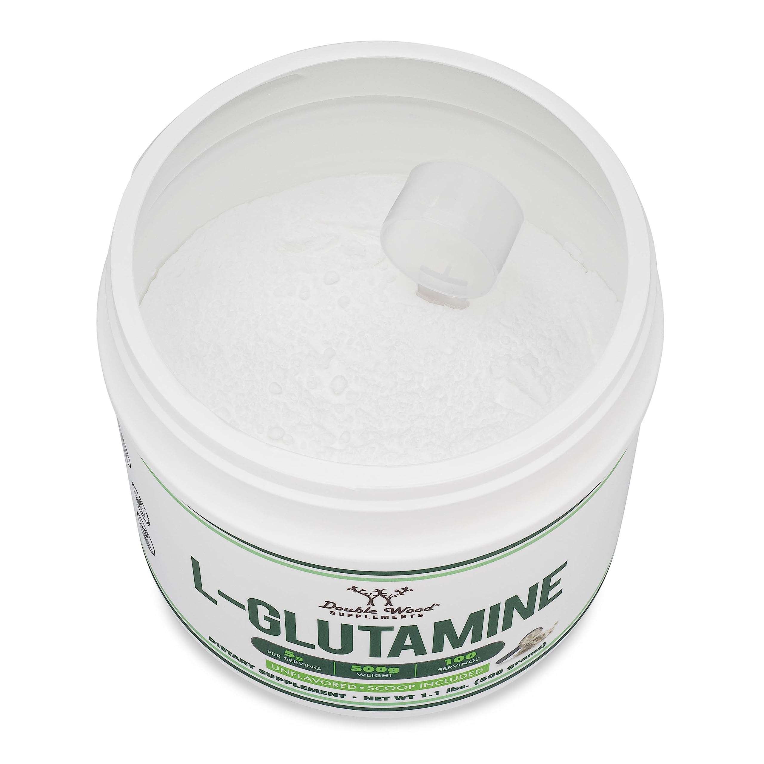 Double Wood L-Glutamine powder for gym use and gut support.