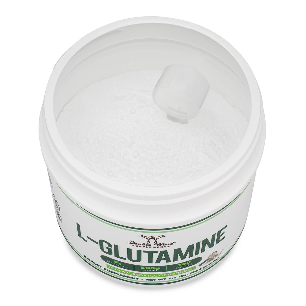 Double Wood L-Glutamine powder for gym use and gut support.