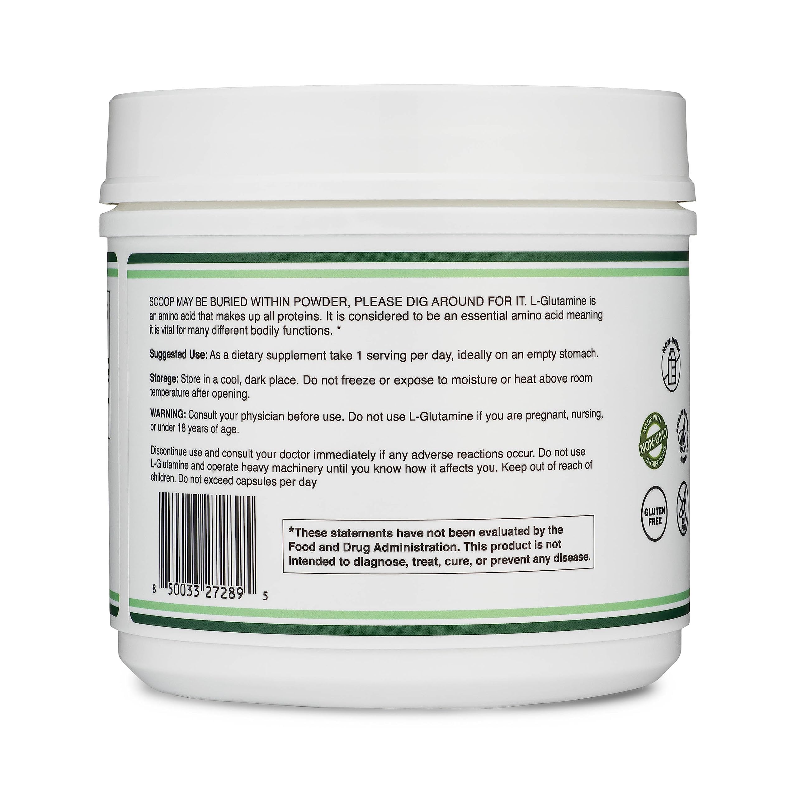 Double Wood L-Glutamine powder label highlights purity and keto compatibility.