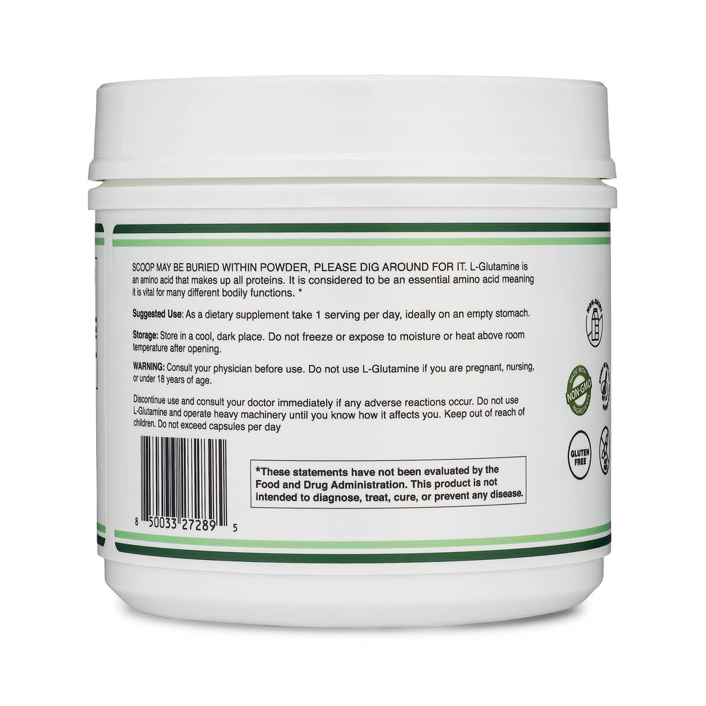 Double Wood L-Glutamine powder label highlights purity and keto compatibility.