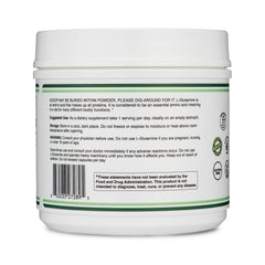 Double Wood L-Glutamine powder label highlights purity and keto compatibility.