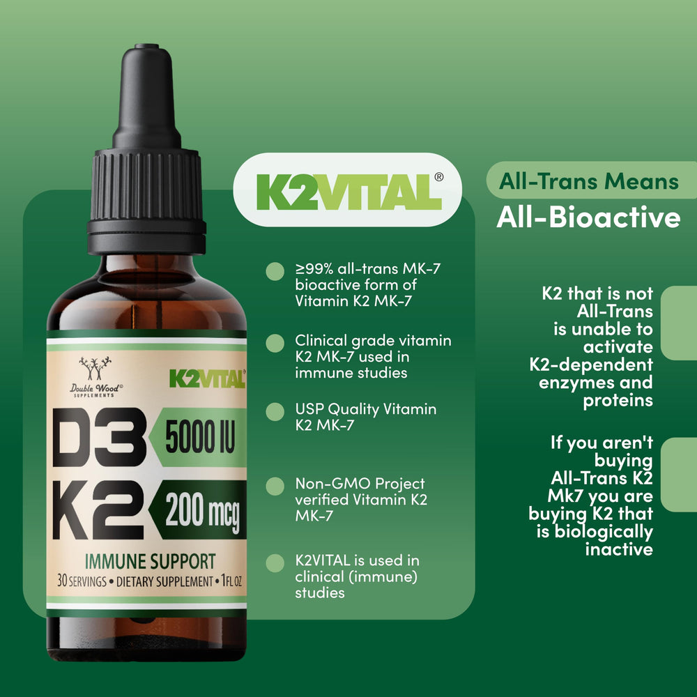 Double Wood label detailing 5,000 IU D3 and 200 mcg K2MK-7 on the product label.