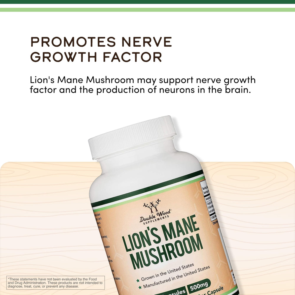 Double Wood Lions Mane bottle pouring demonstrates easy dosing for busy mornings.
