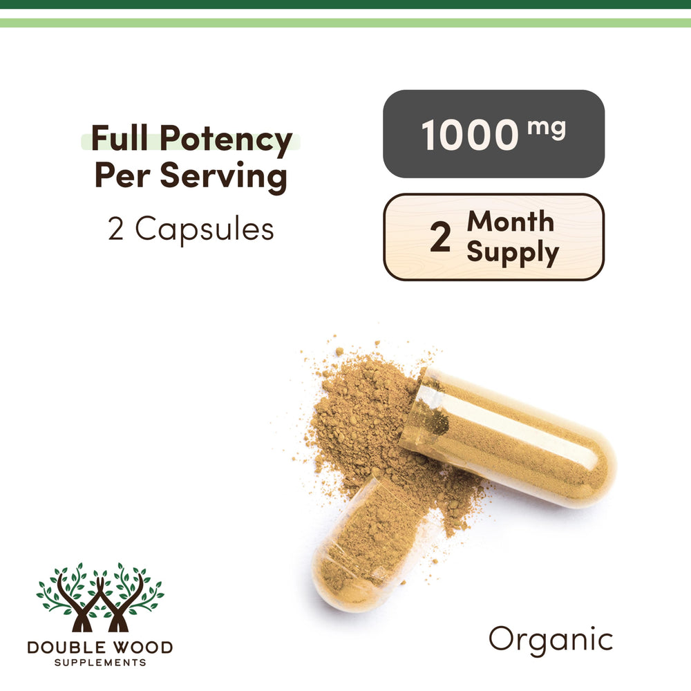 Double Wood Lions Mane capsules closeup emphasizes convenient daily supplement.