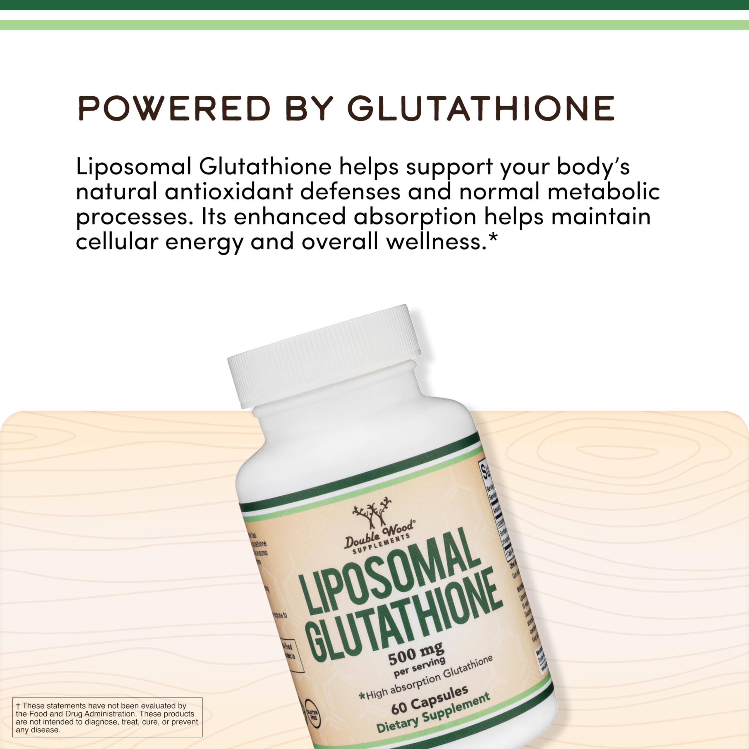 Ingredients panel of Double Wood Liposomal Glutathione with purified sourcing.