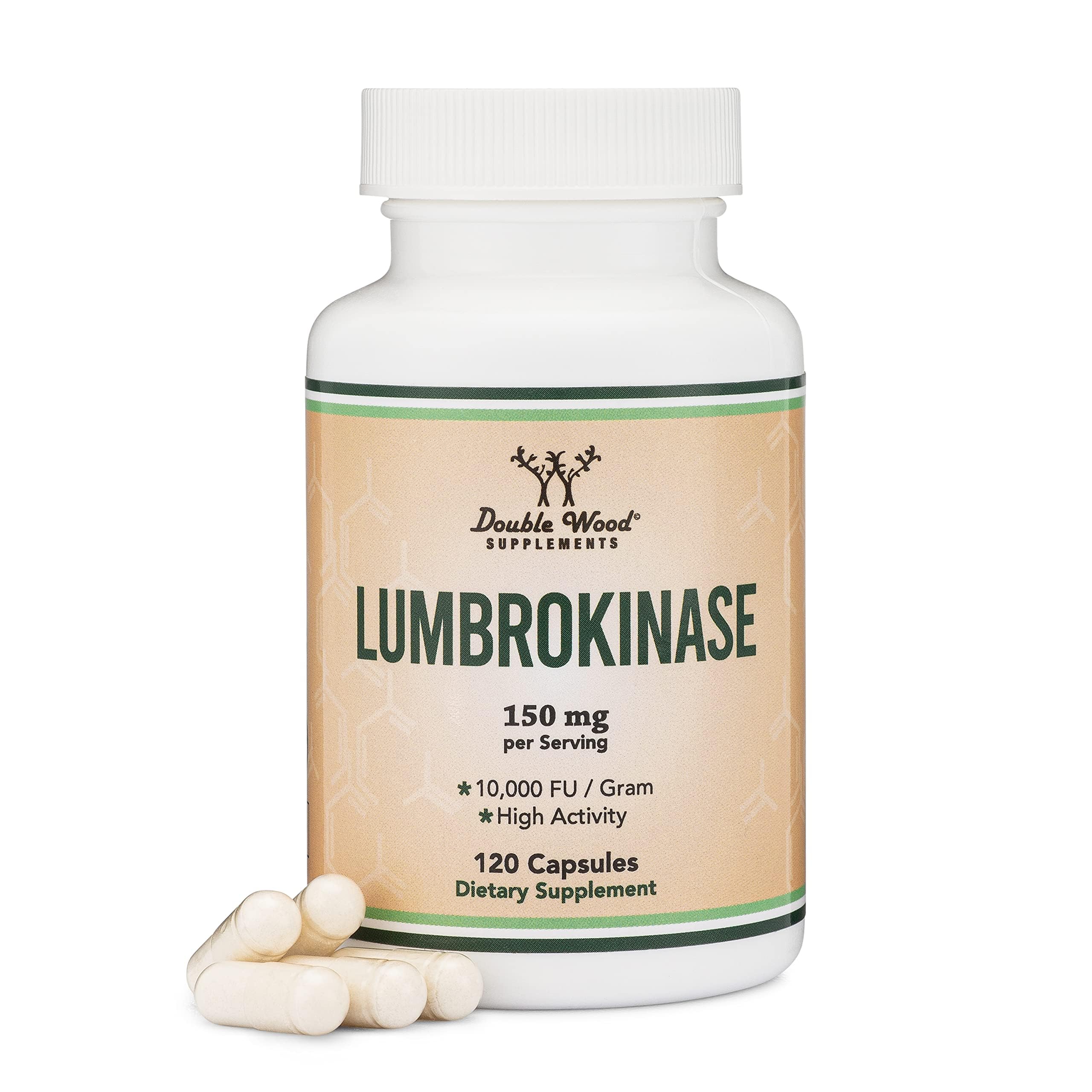 Double Wood Lumbrokinase bottle front showing high-activity enzymes for circulation