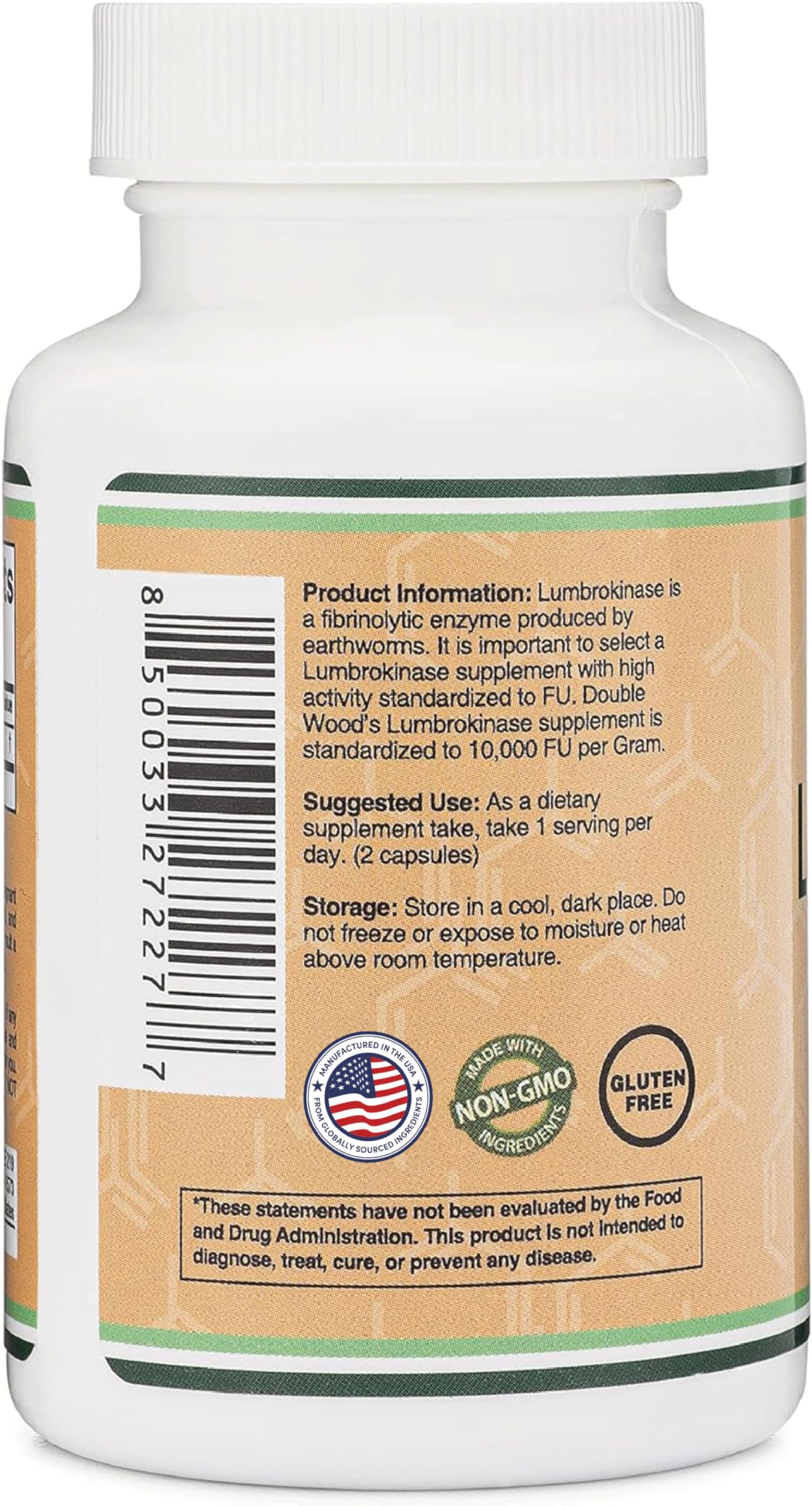 Double Wood Lumbrokinase serving scoop illustrating daily dosage for support