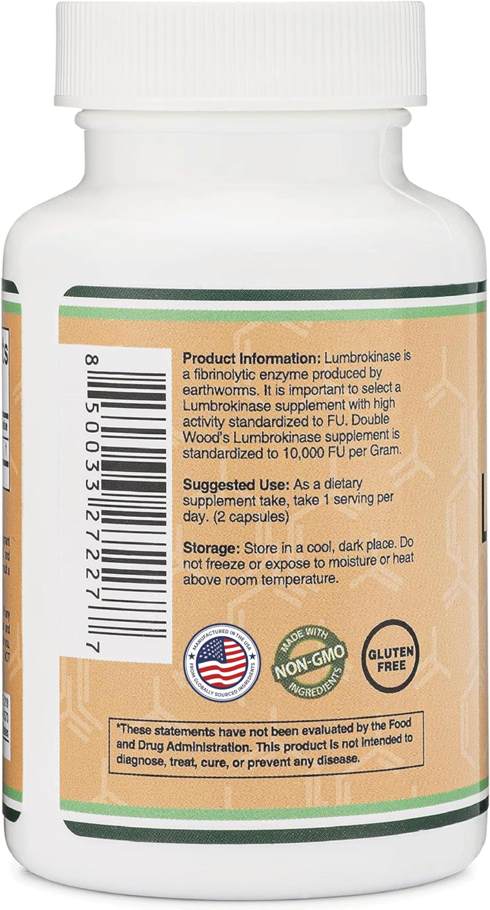 Double Wood Lumbrokinase serving scoop illustrating daily dosage for support