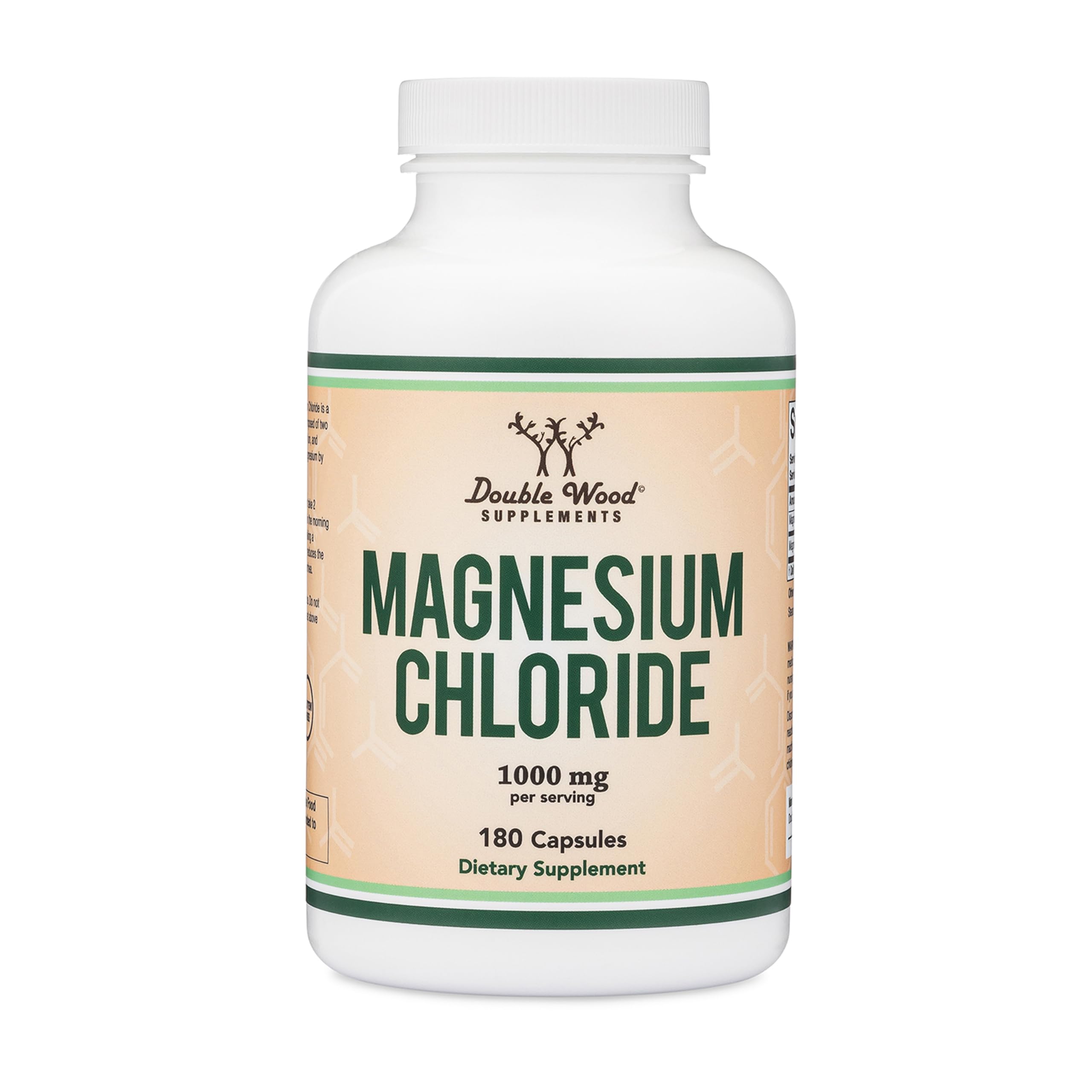 Double Wood Magnesium Chloride bottle with dosage details for daily use.
