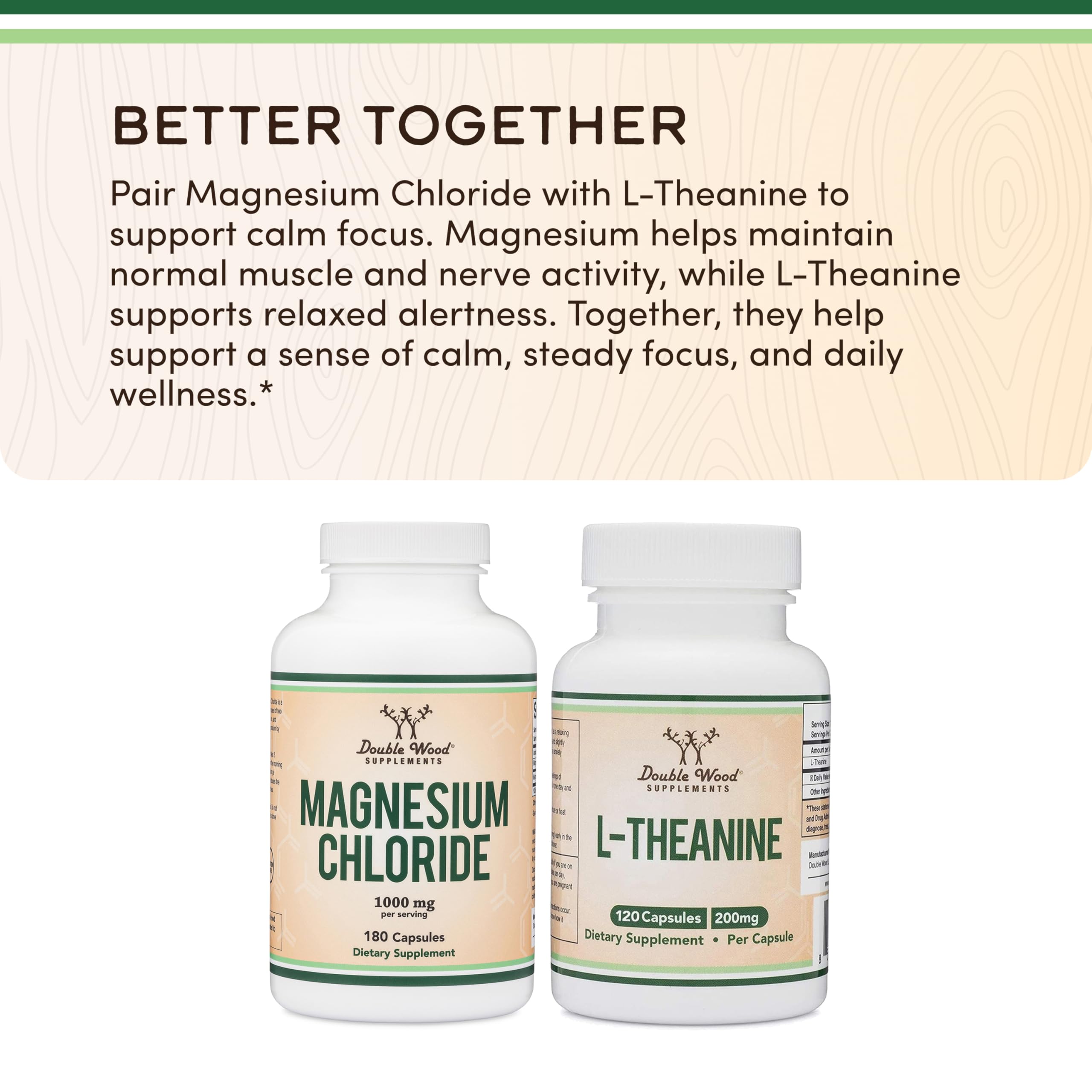 Double Wood Magnesium Chloride non-GMO gluten-free certification displayed.