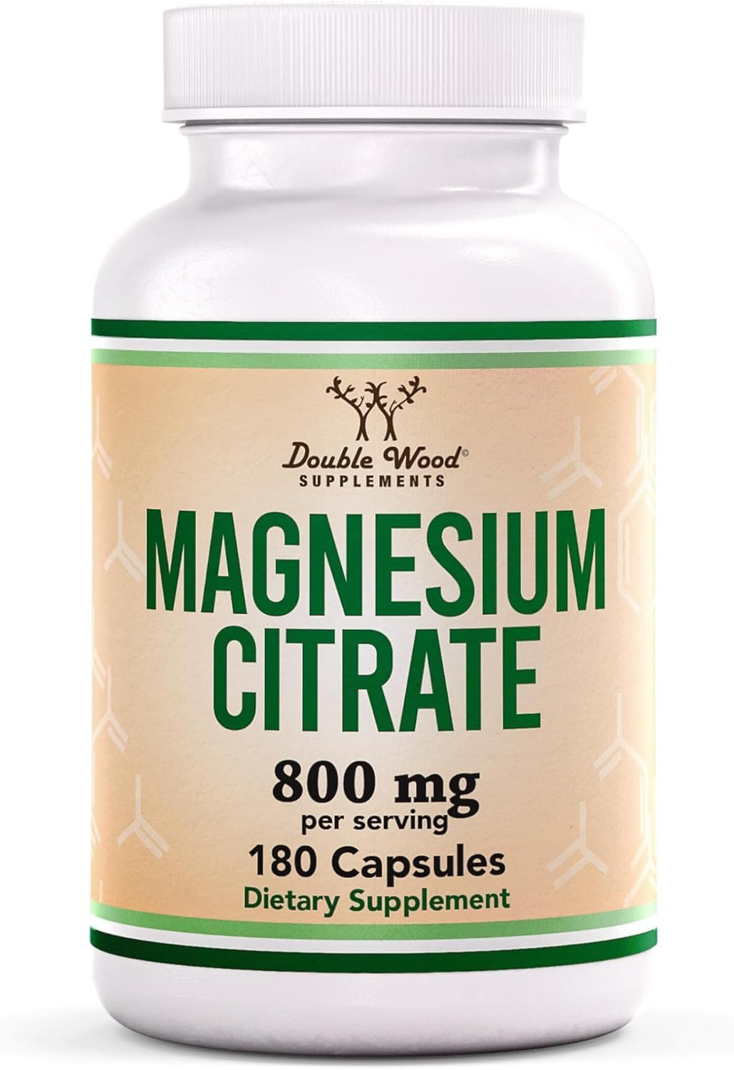 Double Wood Magnesium Citrate bottle shows 800mg per serving for occasional constipation support.