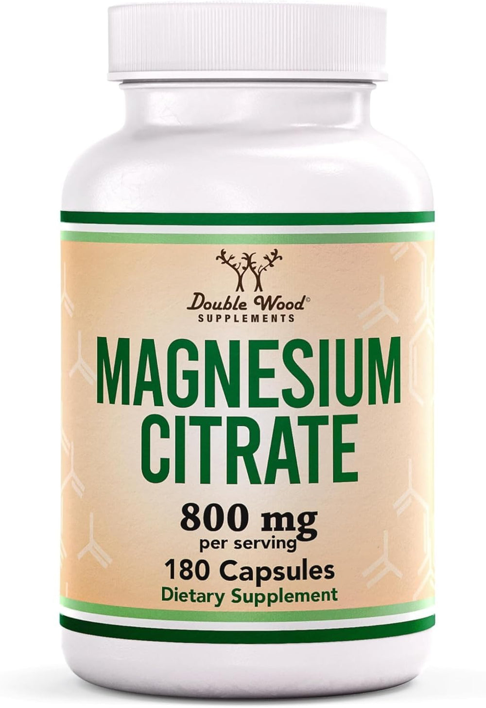 Double Wood Magnesium Citrate bottle shows 800mg per serving for occasional constipation support.