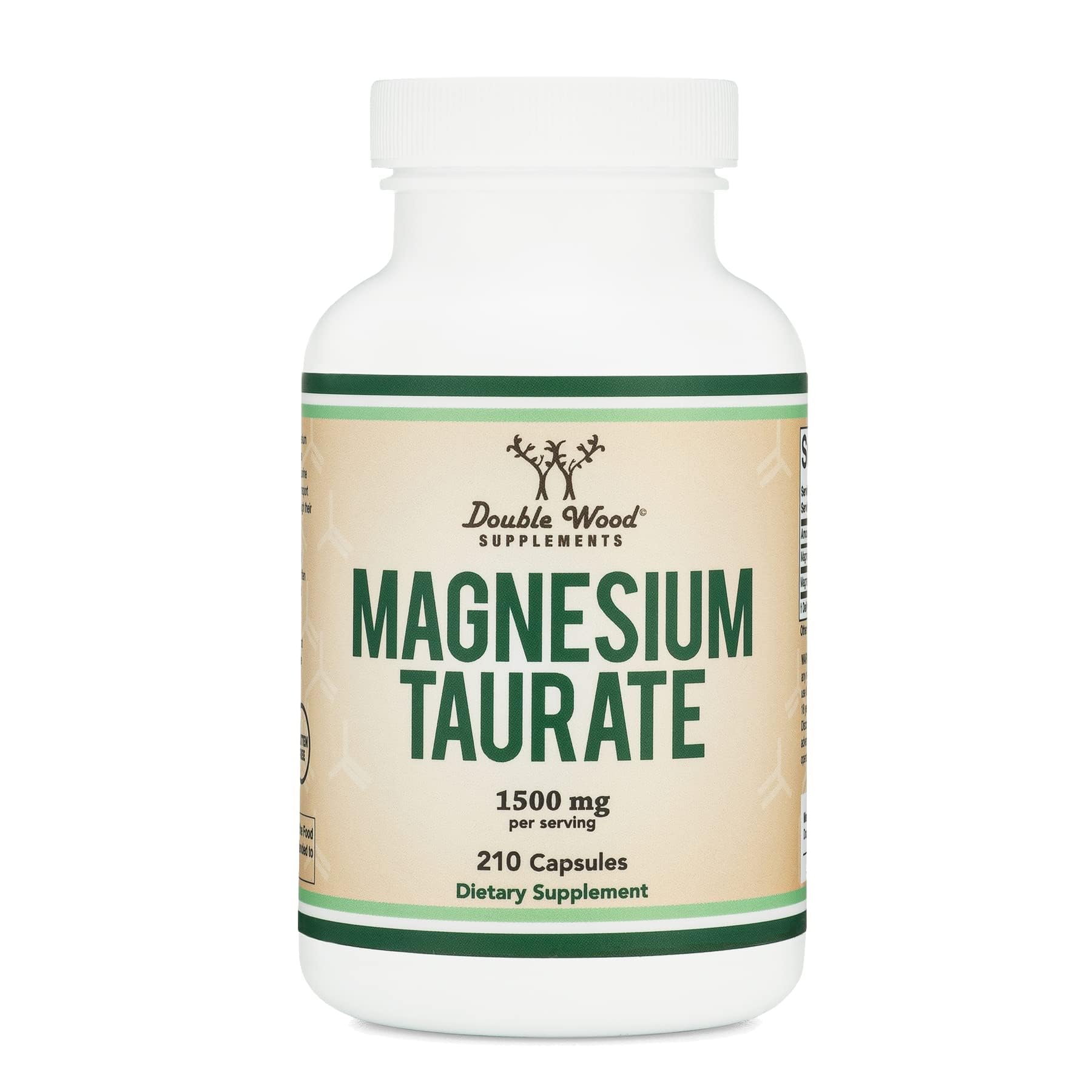 Double Wood Magnesium Taurate bottle label highlights USA-made quality and non-GMO ingredients.