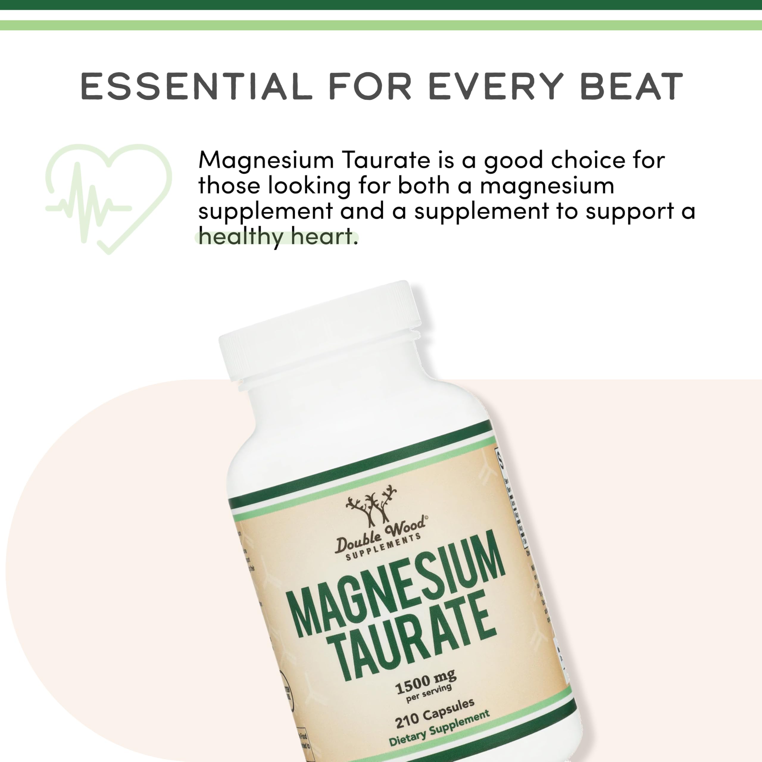 Double Wood Magnesium Taurate per-serving amount graphic highlights 1,500 mg potency.
