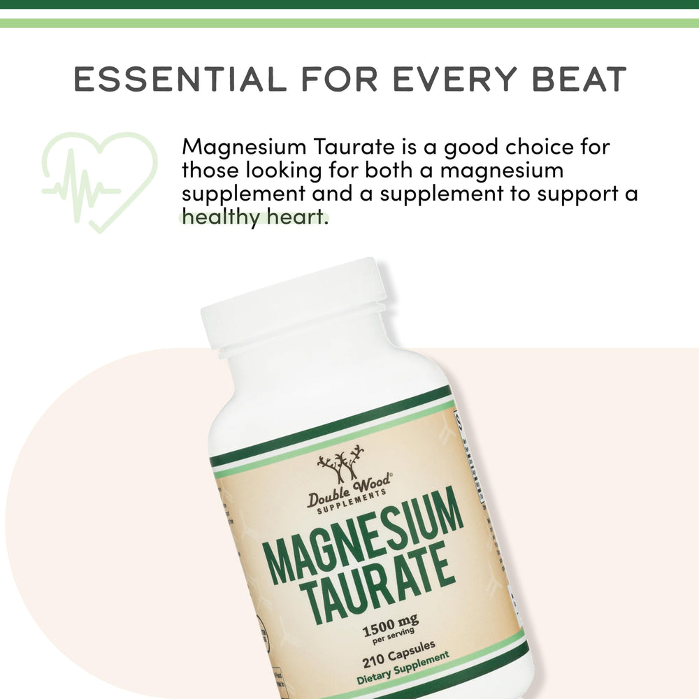 Double Wood Magnesium Taurate per-serving amount graphic highlights 1,500 mg potency.