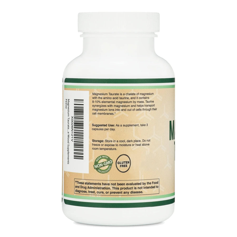 Double Wood Magnesium Taurate vegan capsules underline vegetarian, gluten-free suitability.