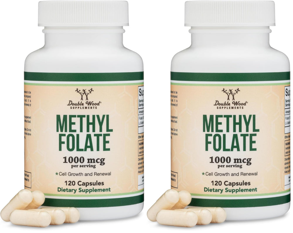 Double Wood Methylfolate bottle front view with 1,000 mcg per capsule