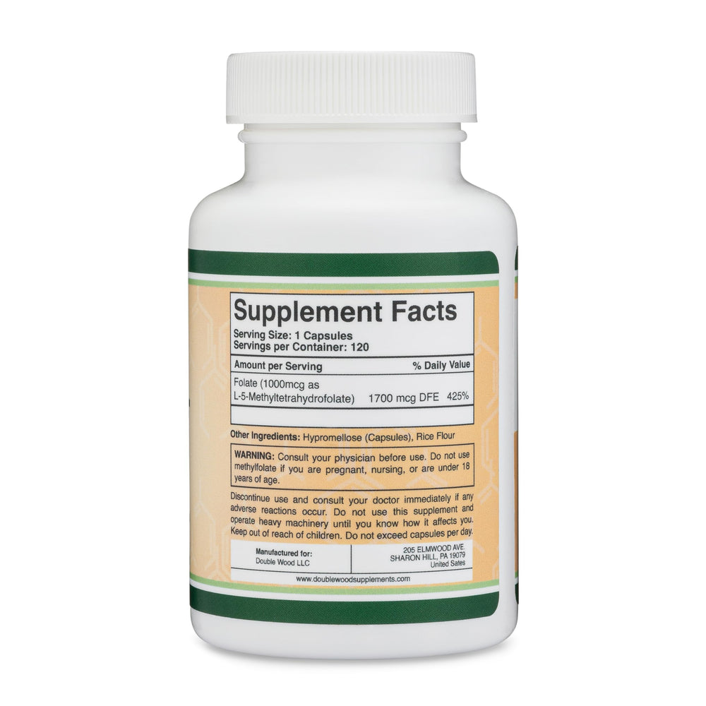 Double Wood Methylfolate capsules closeup, small and easy to swallow