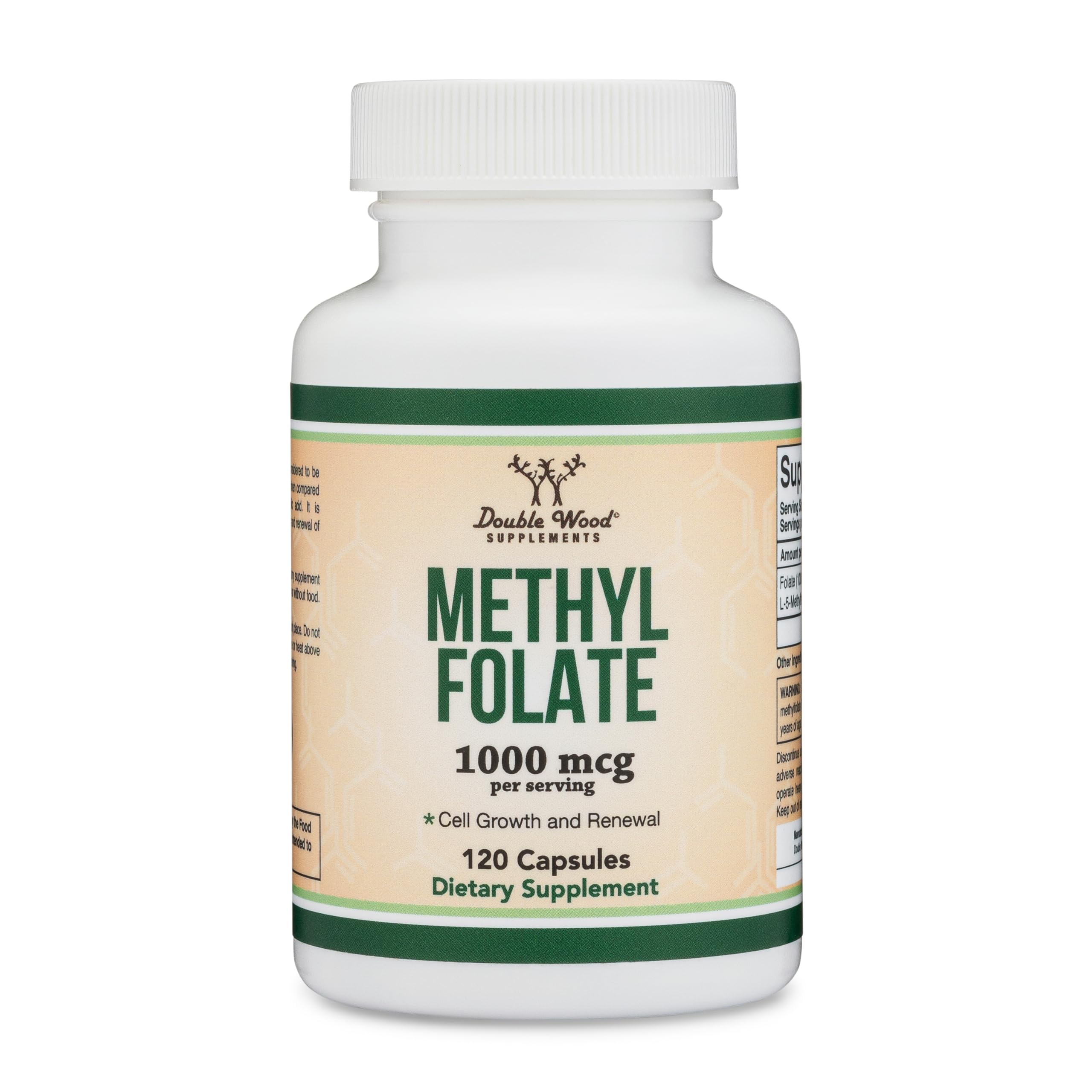 Double Wood Methylfolate nutrition label shows dose and per-pack details