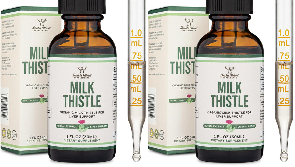 Double Wood Milk Thistle liquid bottle showing organic extract for daily wellness.