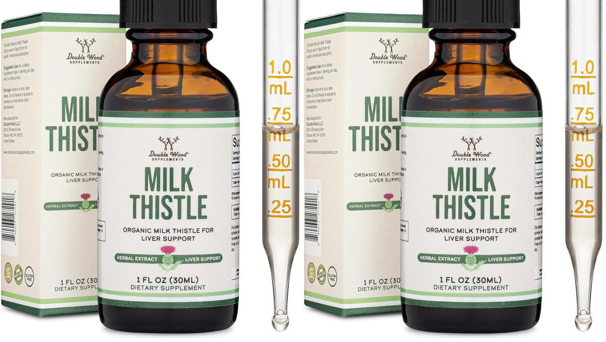 Double Wood Milk Thistle liquid bottle showing organic extract for daily wellness.