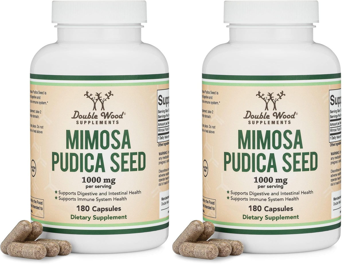 Double Wood Mimosa Pudica seed bottle pour shows easy-dispense capsules for daily use