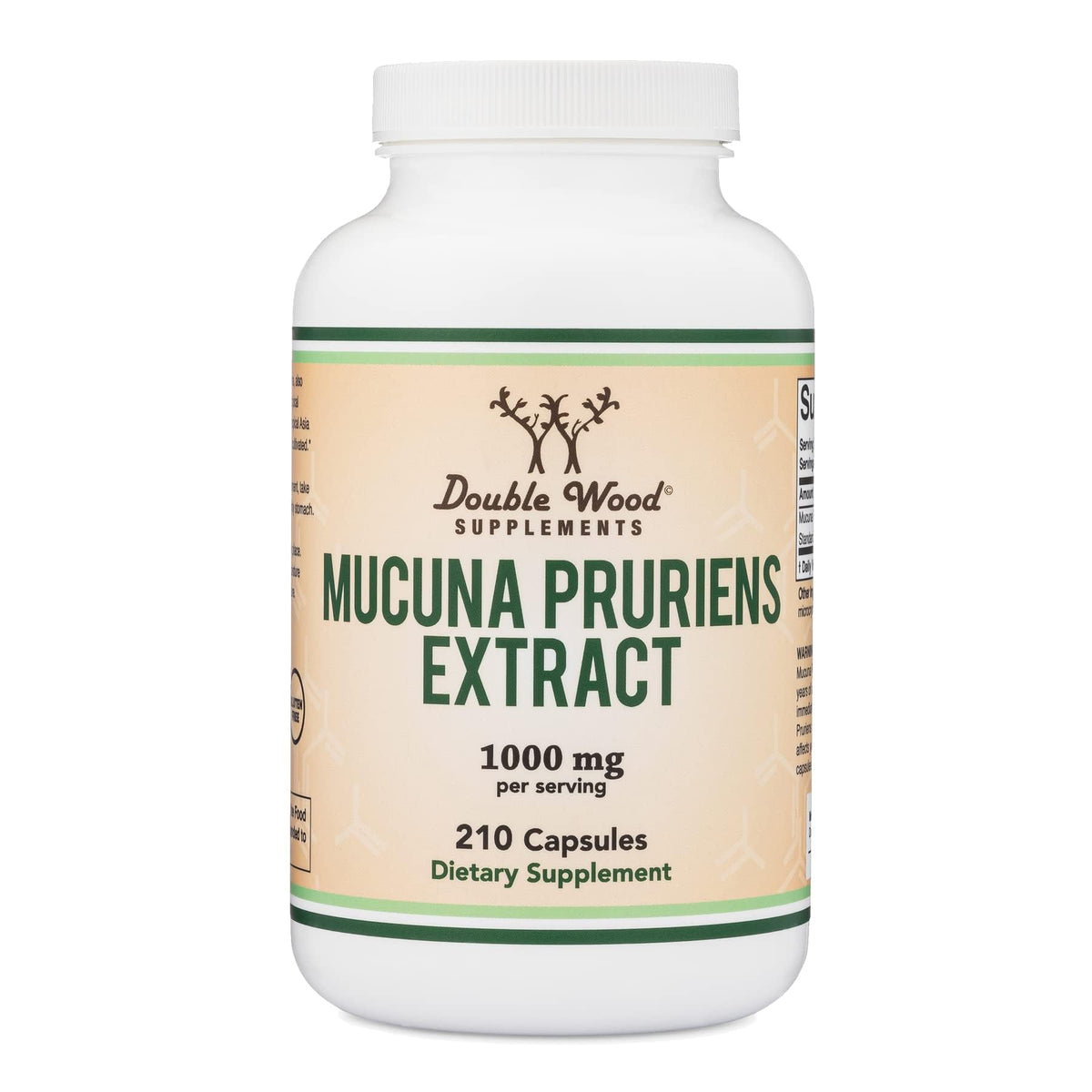 Double Wood Mucuna Pruriens Capsules label shows quality and purity for confident supplementation.