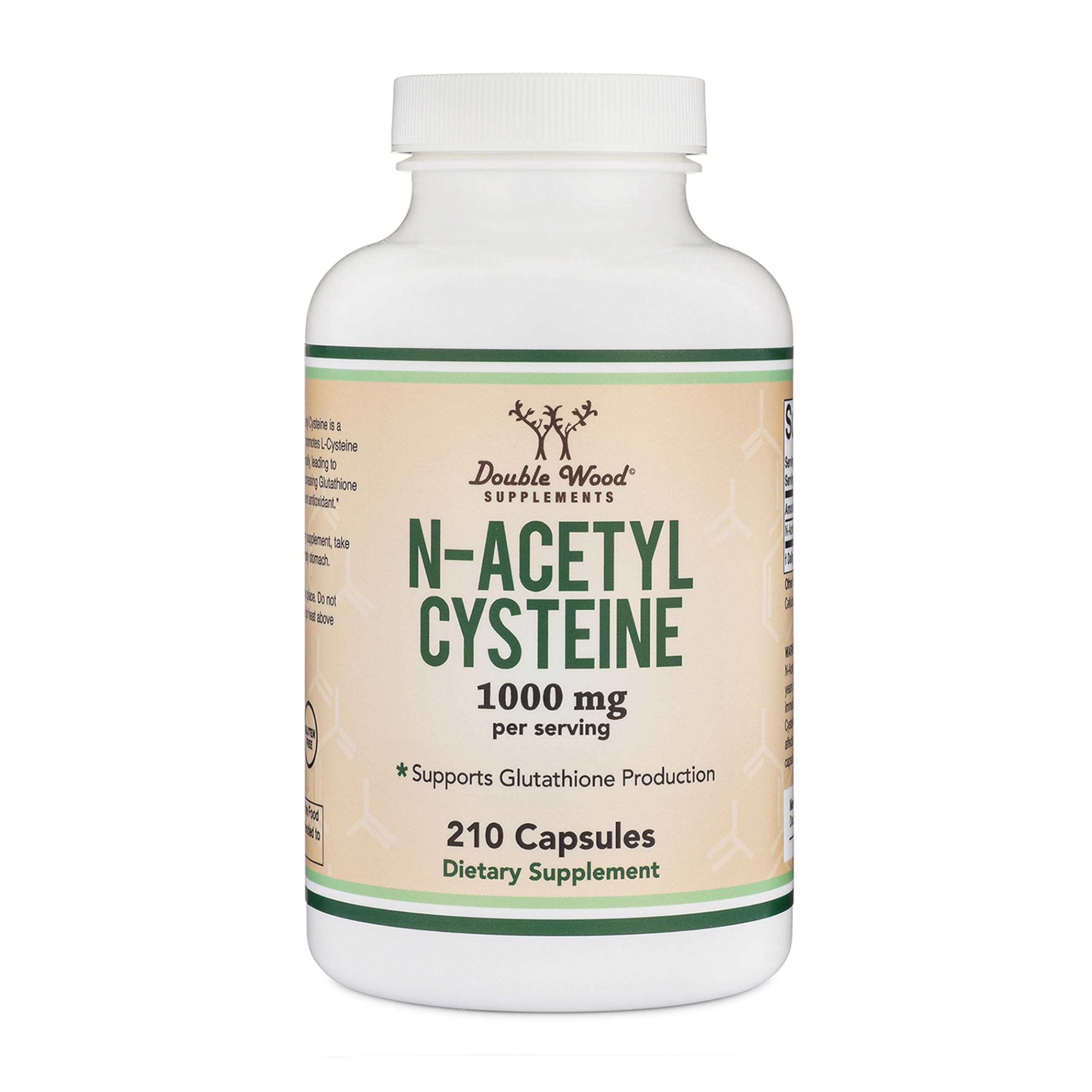 Double Wood NAC supplement bottle highlighting 1000 mg serving for antioxidant support.