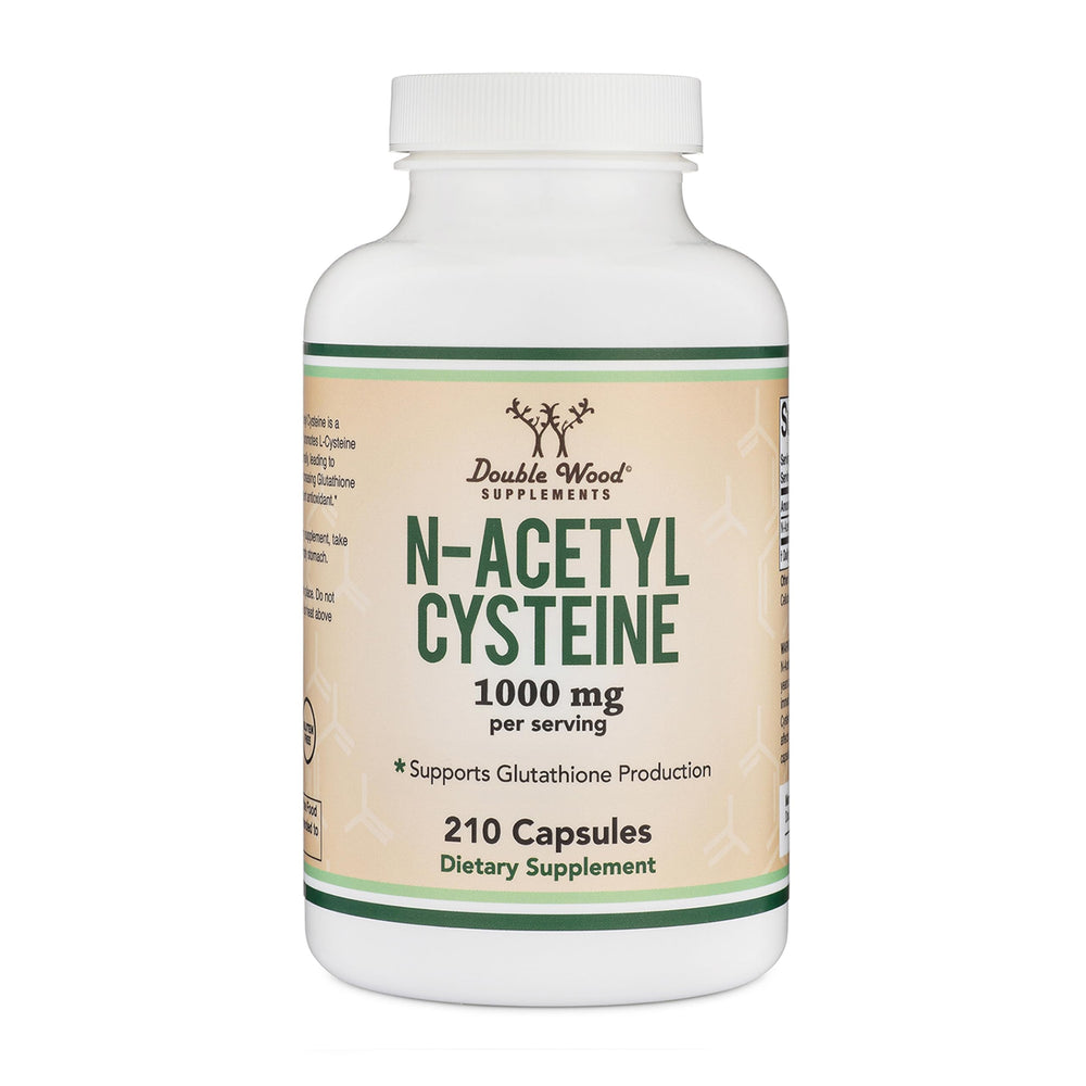 Double Wood NAC supplement bottle highlighting 1000 mg serving for antioxidant support.
