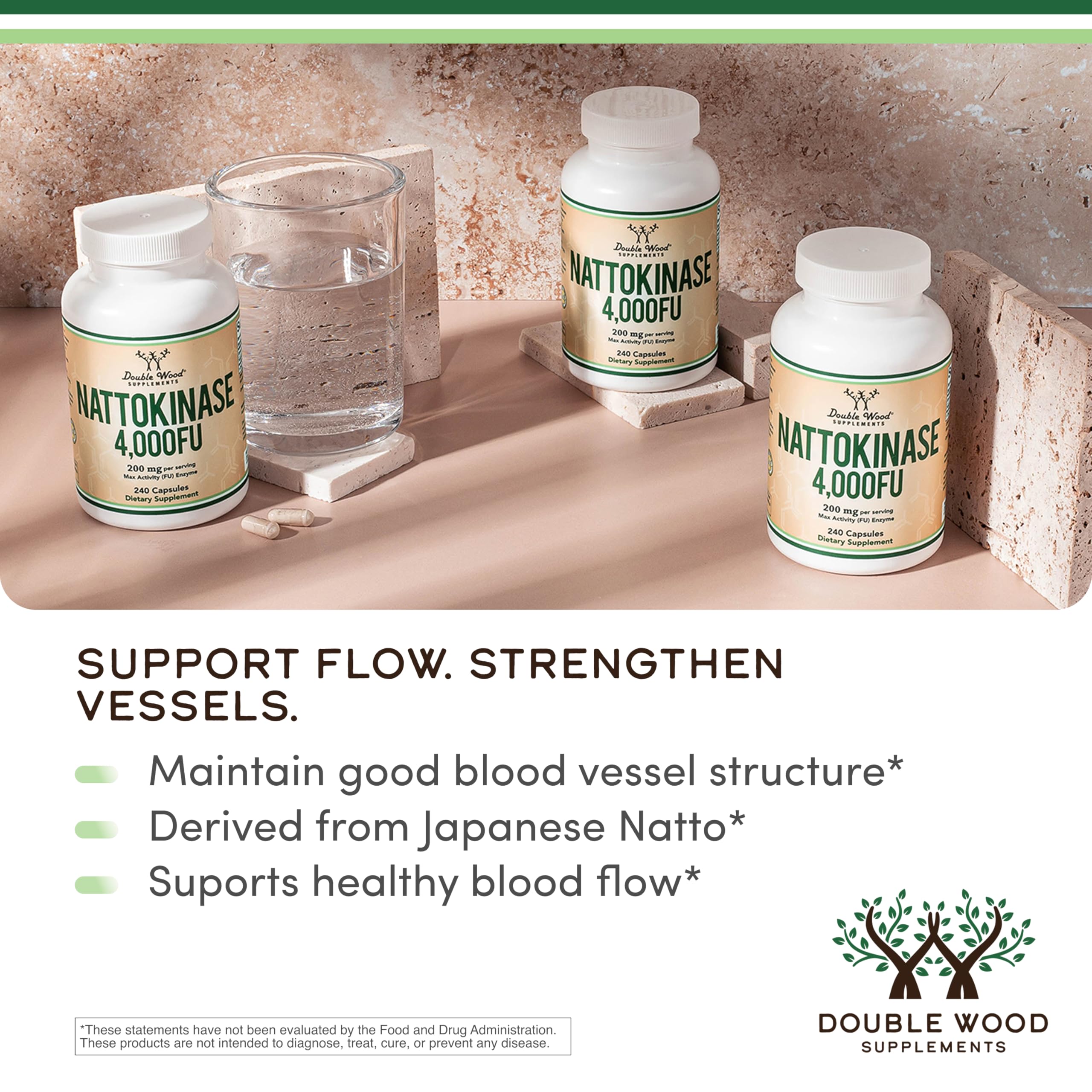 Double Wood Nattokinase capsules arranged for daily circulatory support.