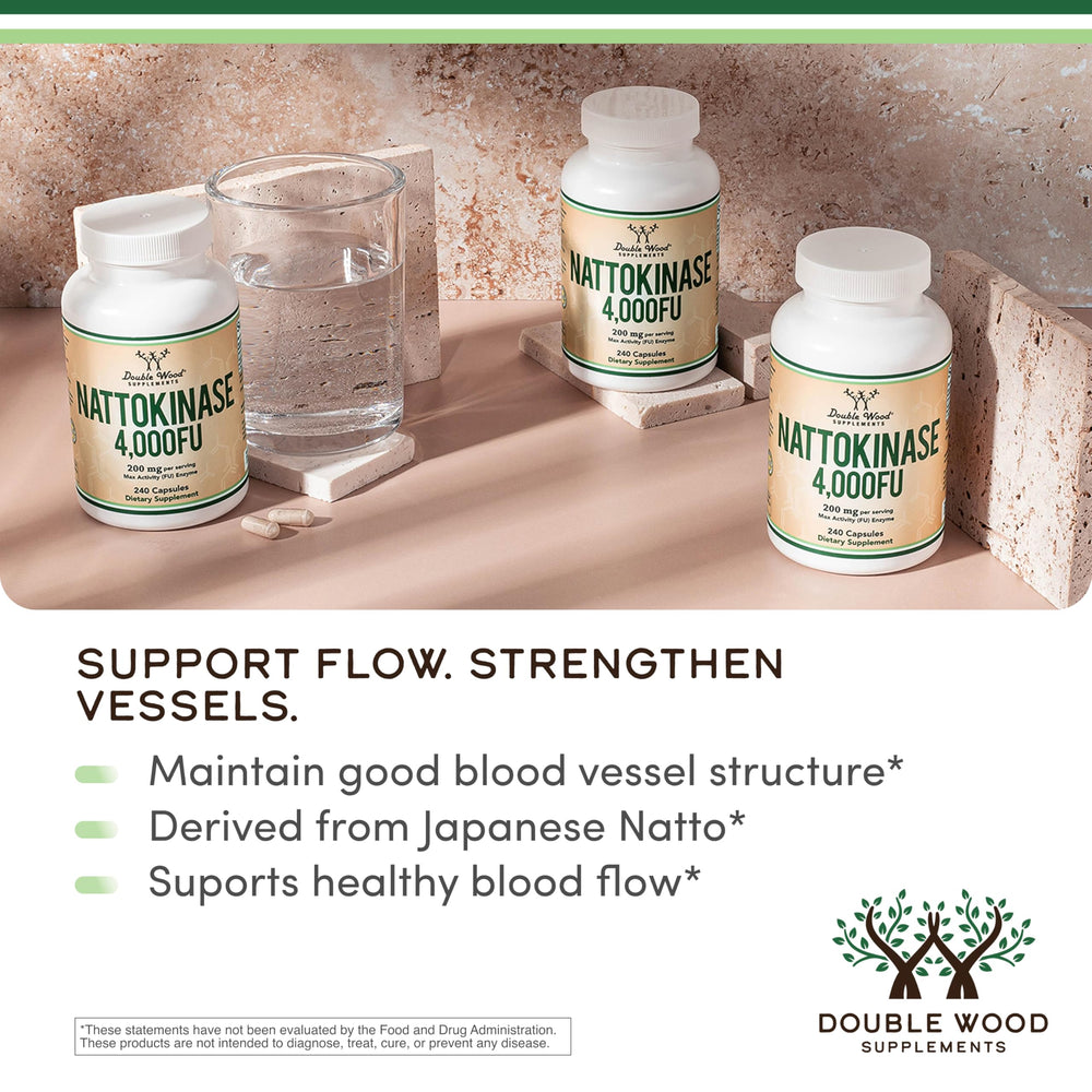 Double Wood Nattokinase capsules arranged for daily circulatory support.