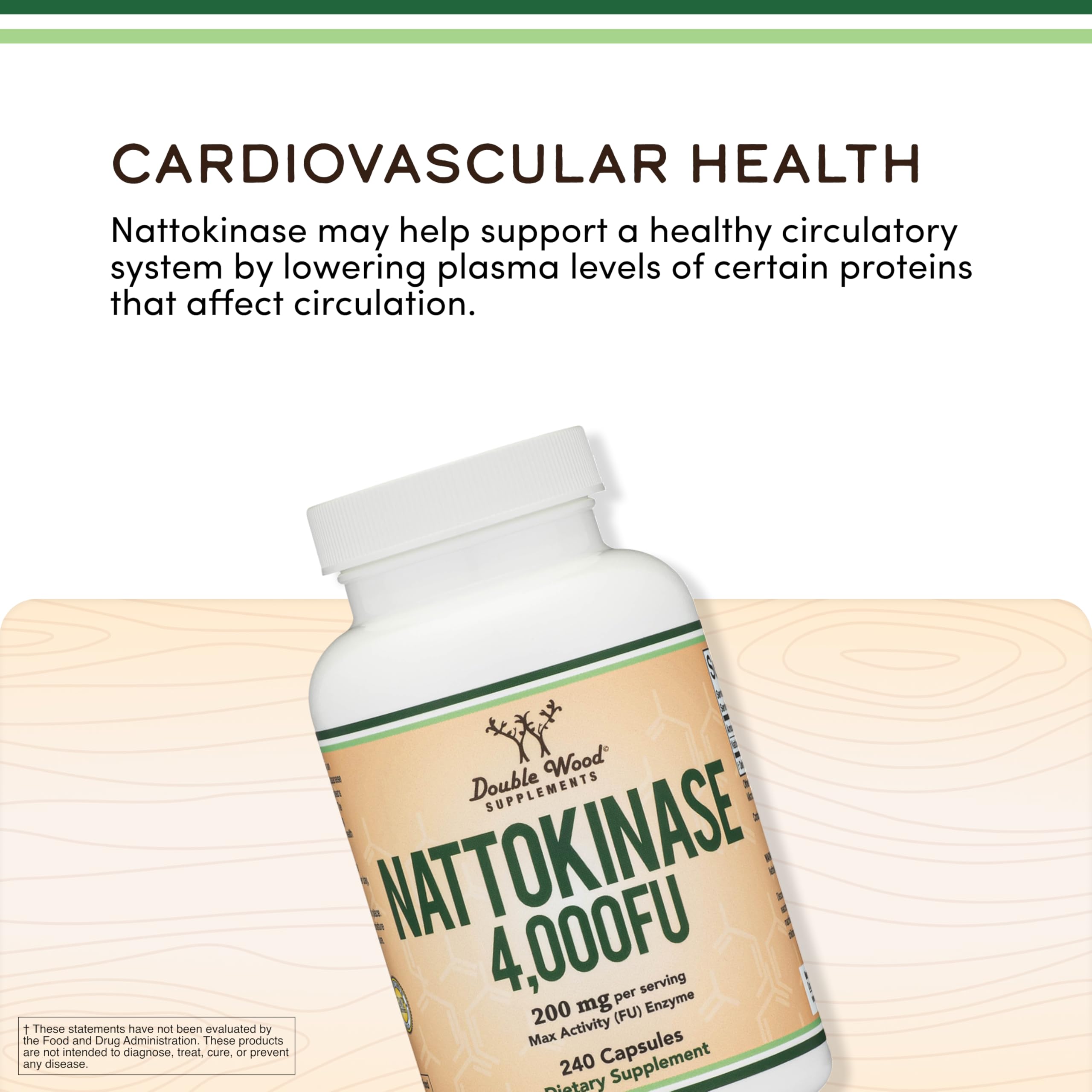 Double Wood Nattokinase serving plan shows 120 servings per bottle for easy dosing.
