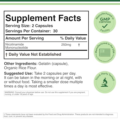 Double Wood NMN capsules close-up showing 250mg per serving for daytime energy.