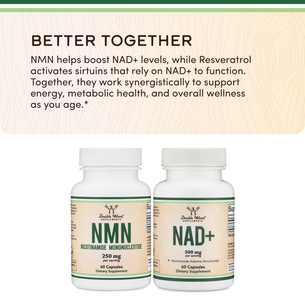 Double Wood NMN packaging emphasizes 60 capsules per bottle.