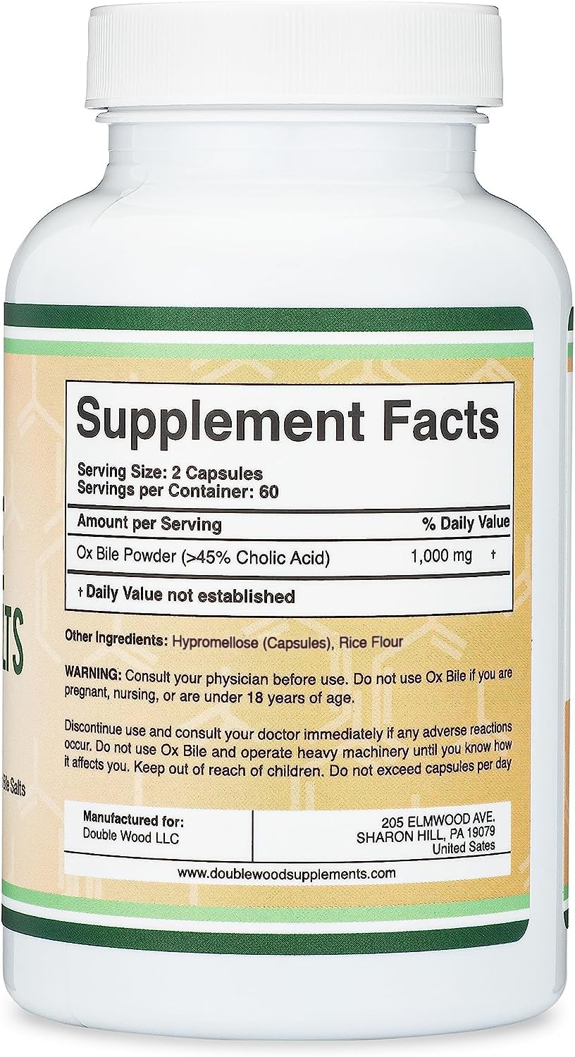 Ox Bile capsules 500 mg arranged to show serving size.