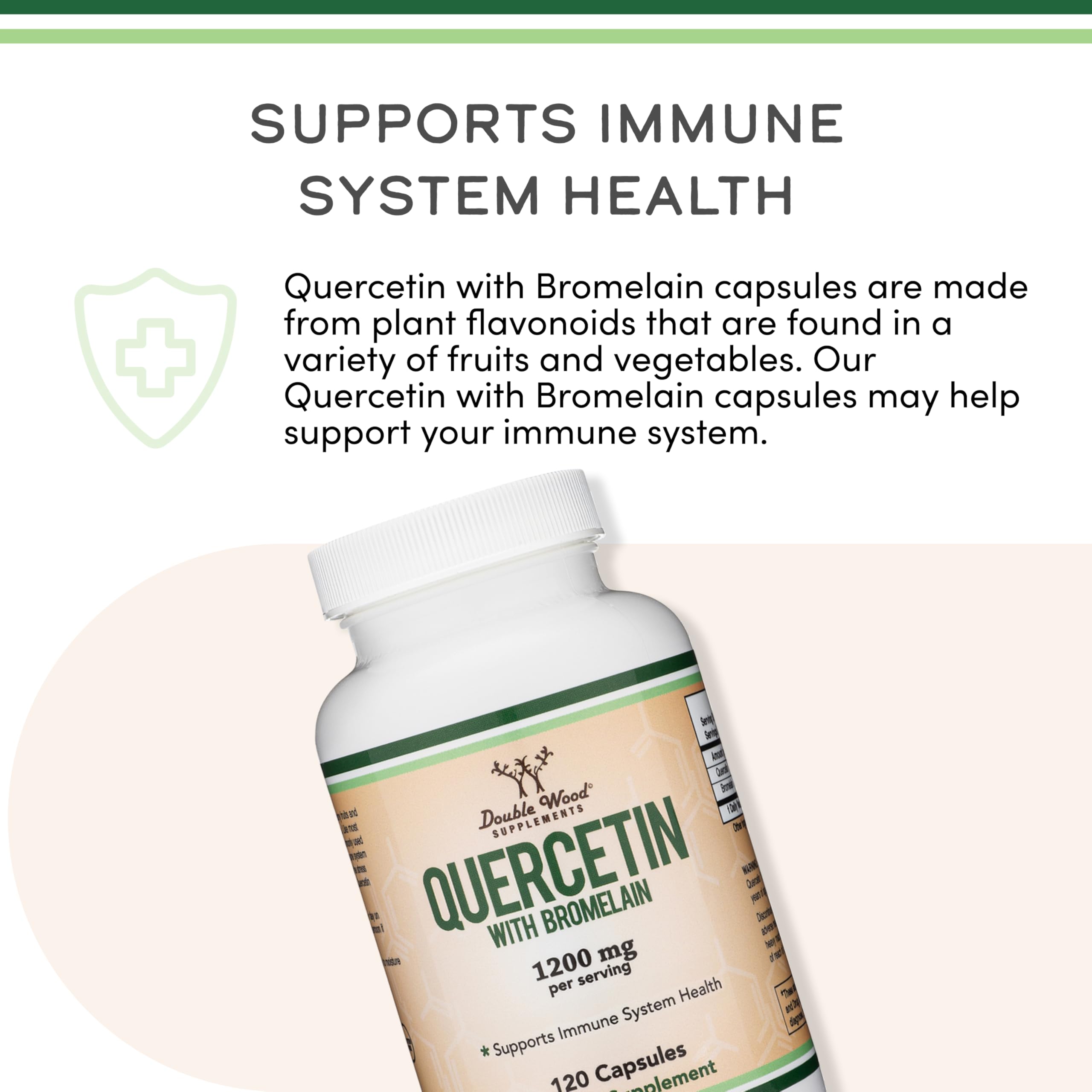 Bottle label of Double Wood Quercetin with Bromelain highlighting vegan-friendly formula.