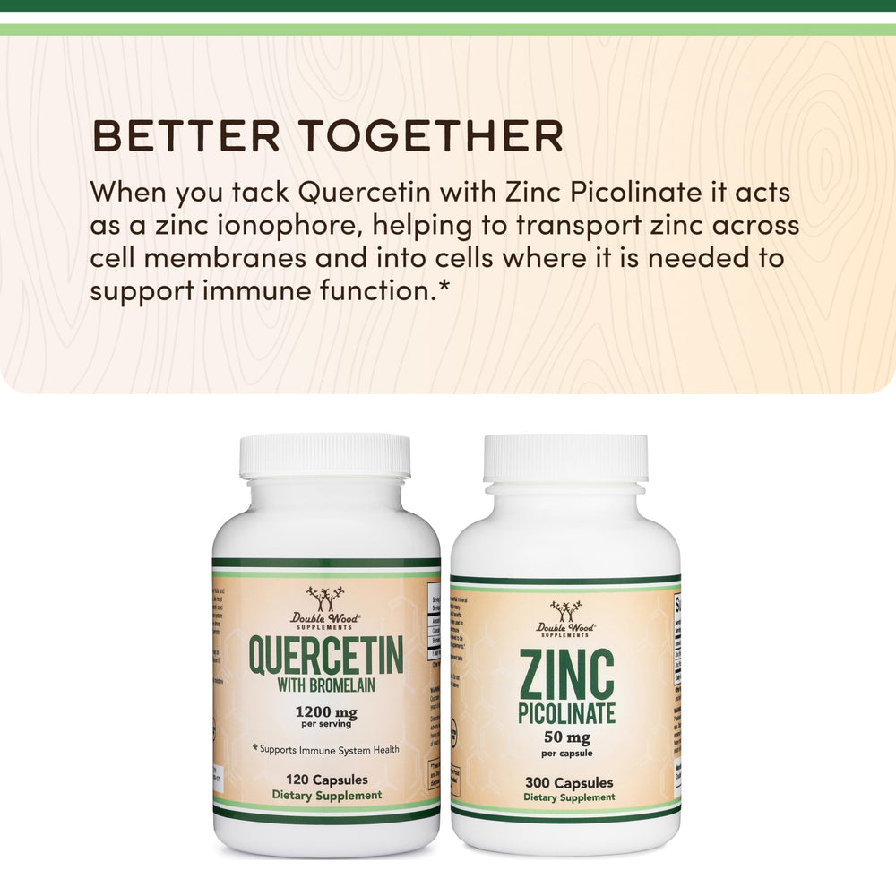 Open-cap view of Double Wood Quercetin with Bromelain capsules ready for use.