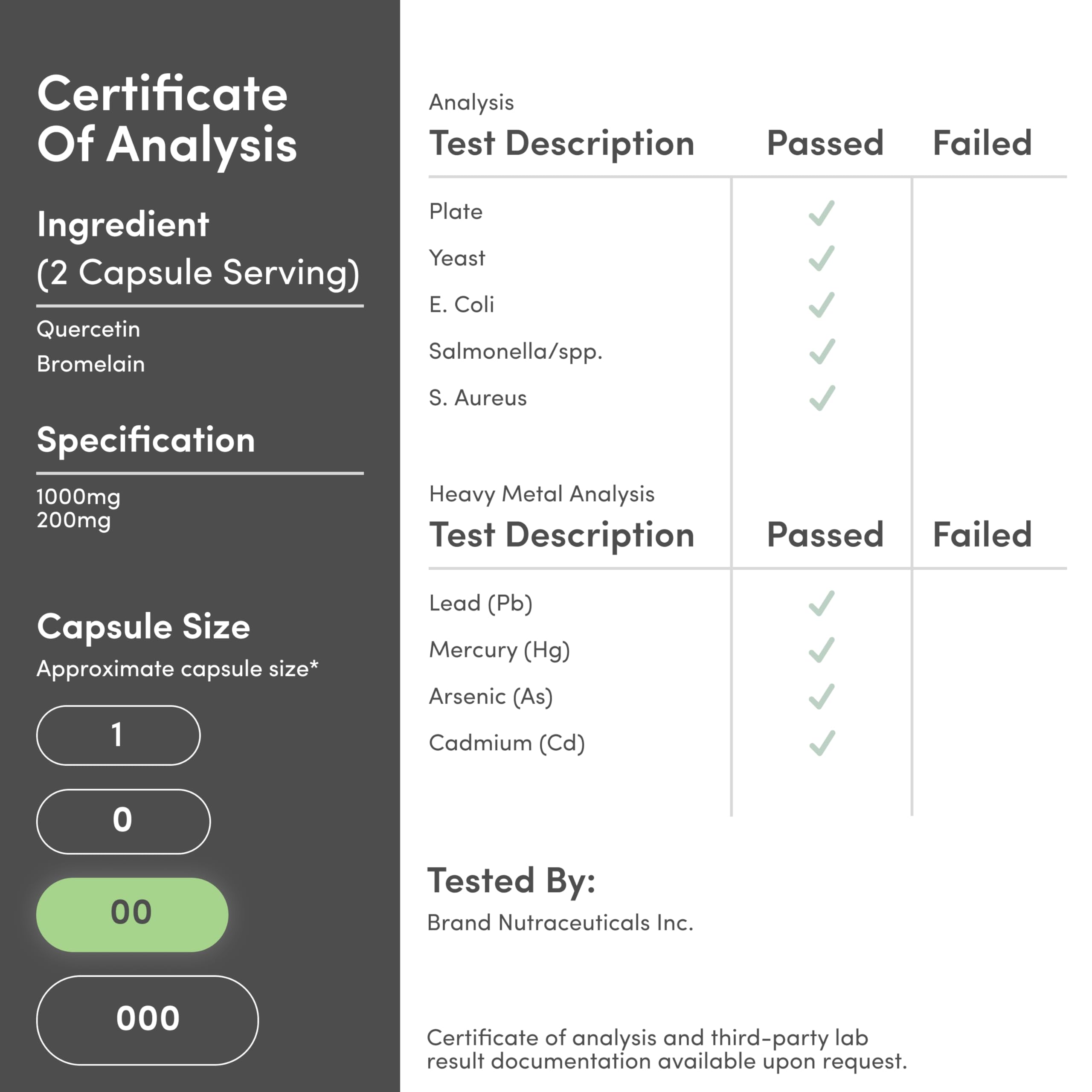 Third-party tested icon on Double Wood Quercetin with Bromelain label.
