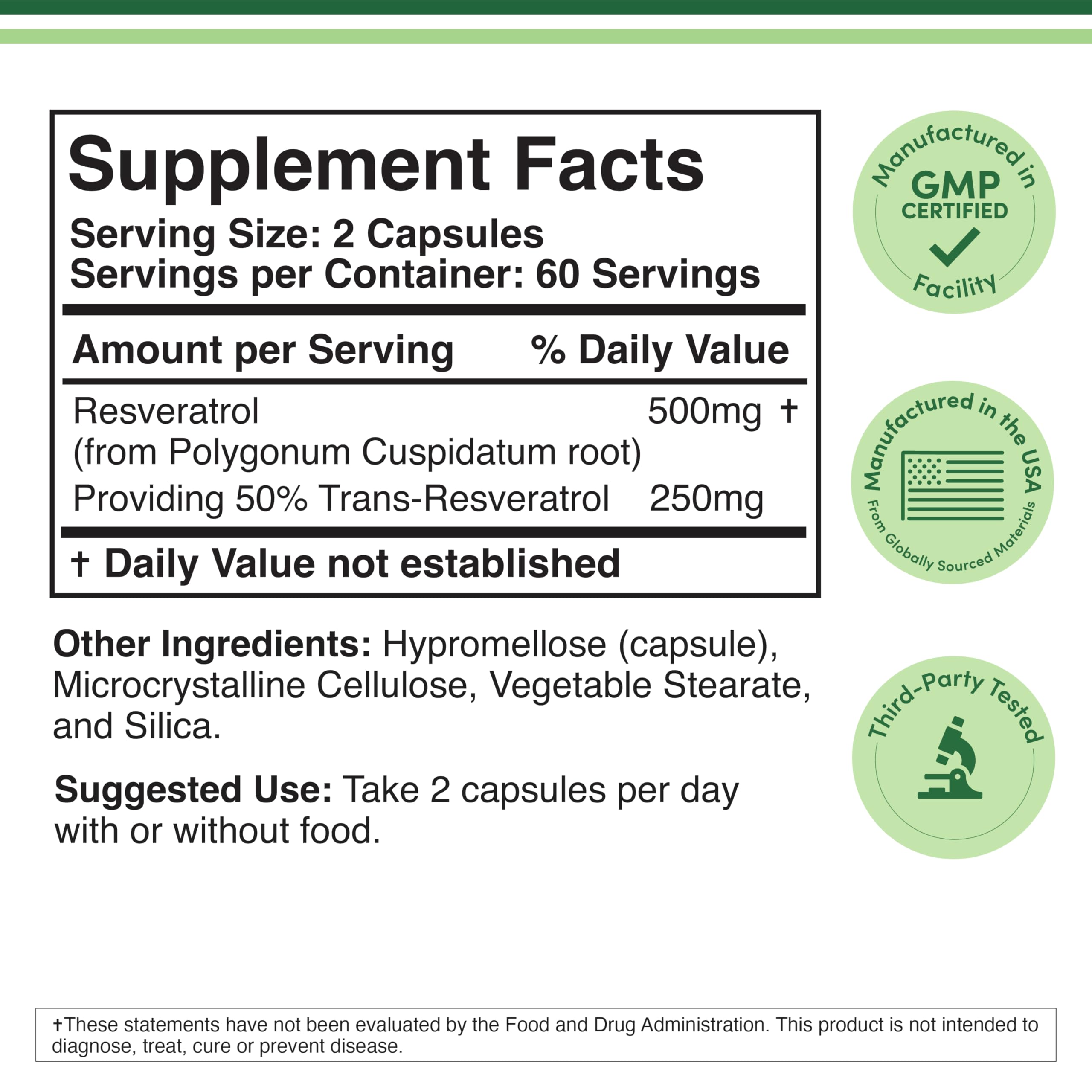 Double Wood Resveratrol bottle front label shows key ingredients and potency at a glance
