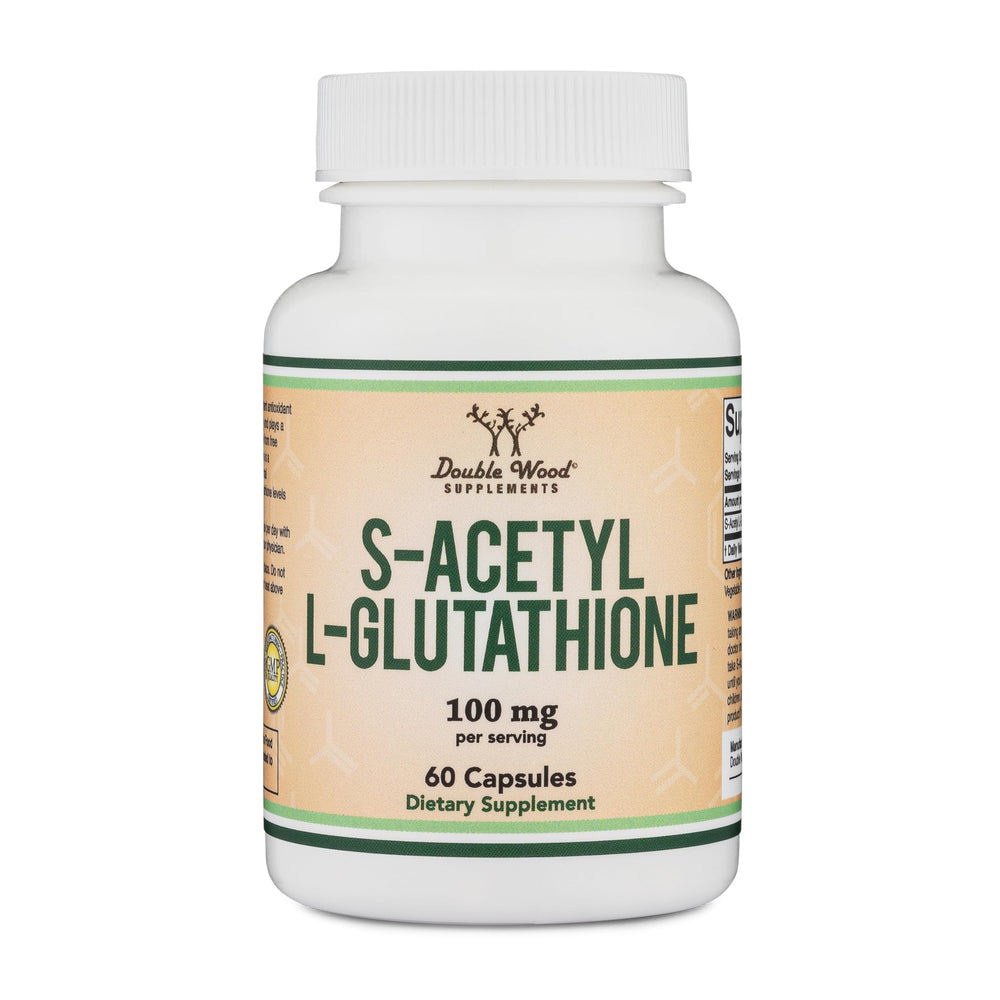 Double Wood S-Acetyl L-Glutathione bottle with 100 mg per capsule for antioxidant support