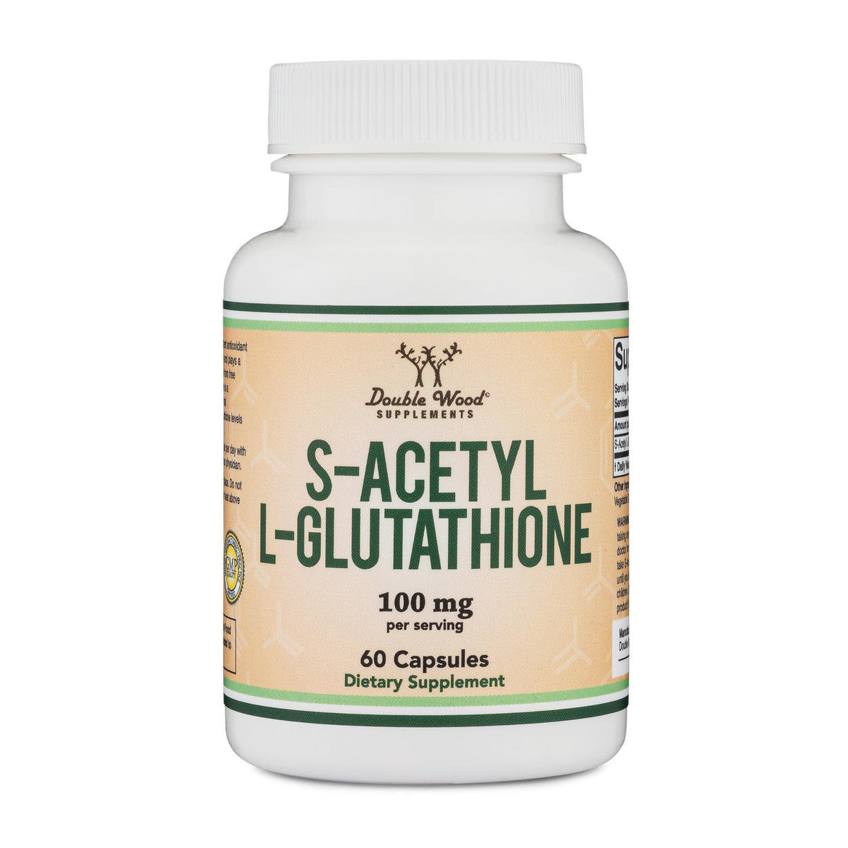 Double Wood S-Acetyl L-Glutathione bottle with 100 mg per capsule for antioxidant support