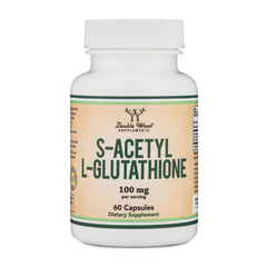 Double Wood S-Acetyl L-Glutathione bottle with 100 mg per capsule for antioxidant support