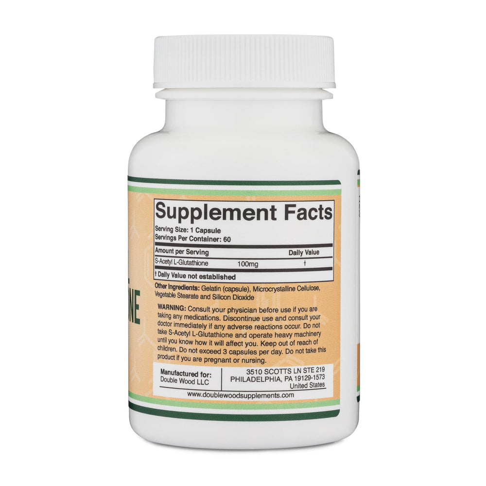 Double Wood S-Acetyl L-Glutathione capsules in hand illustrating easy daily antioxidant support