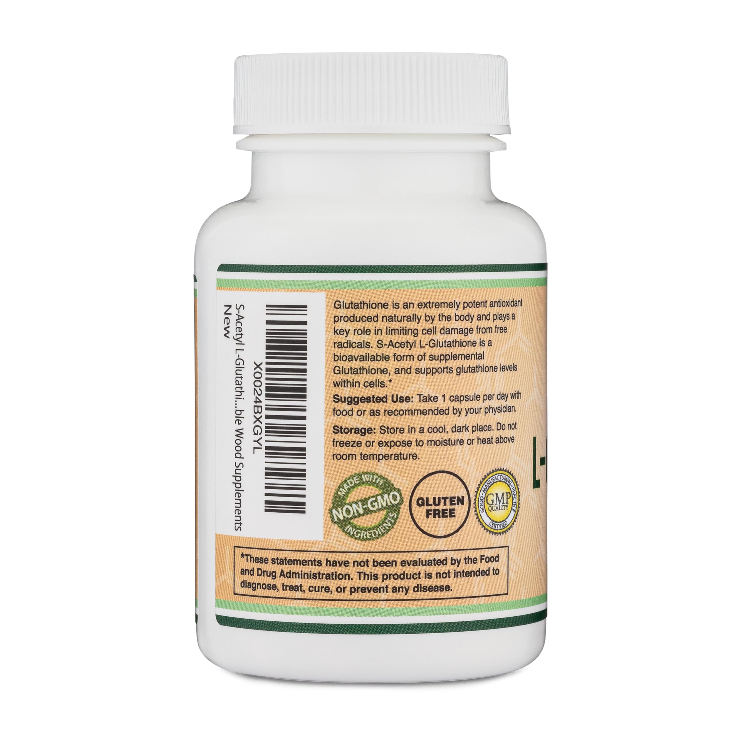 Double Wood S-Acetyl L-Glutathione bottle on shelf highlighting gluten-free and non-GMO supplement
