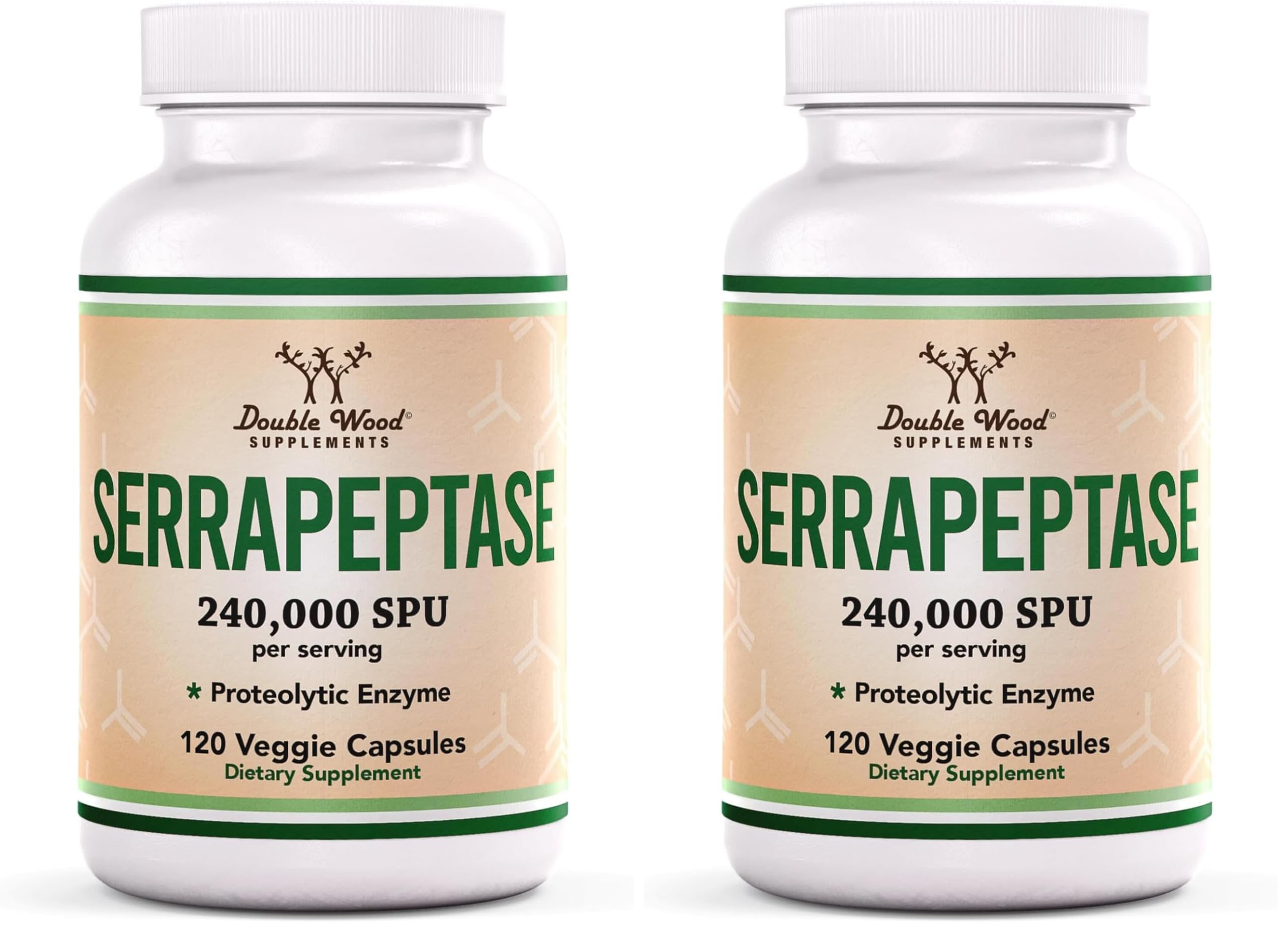 Double Wood Serrapeptase bottle front view showing 240,000 SPU potency for daily support.